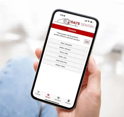 A person holds a smartphone displaying the Gate Sentry app with a list of pre-approved guests—offering residents simple, mobile-based access control at their fingertips.